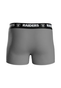 Szare bokserki z czarną elastyczną gumką w pasie z napisem "RAIDERS" oraz logo. Gładka faktura, dopasowany krój i długość do połowy uda.