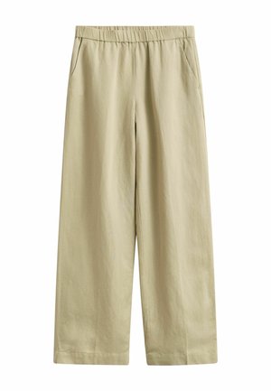 Beige wijde broek met elastische tailleband en zijzakken, gemaakt van lichtgewicht stof.