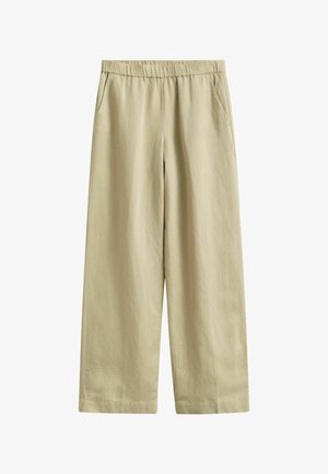 Beige wijde broek met elastische tailleband en zijzakken, gemaakt van lichtgewicht stof.