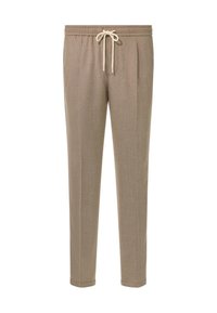 Beige kalhoty s volným střihem, pružným pasem, nastavitelnou šňůrkou a dvěma předními záhyby. Vyrobeno z měkké, strukturované tkaniny.