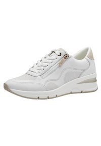 Weiße Sneaker mit einem strukturierten Mesh-Obermaterial, kontrastierenden beigefarbenen Akzenten, Schnürverschluss und einem seitlichen Reißverschluss. Dicke gepolsterte Sohle für Komfort.