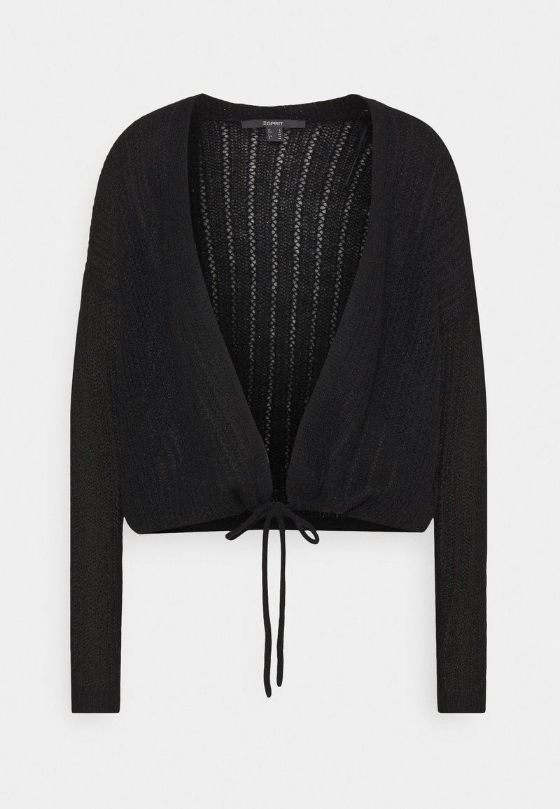 Cardigan noir en maille à ouverture devant, manches longues et lien à nouer à la taille, avec un motif texturé semi-transparent.