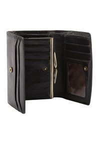 Portafoglio in pelle nera con più slot per carte, una tasca trasparente per l'ID e una chiusura metallica. Presenta una superficie liscia e un design semplice.