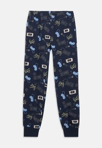 Granatowe spodnie z elastycznym pasem, pokryte kolorowymi wzorami gier wideo, takimi jak kontrolery, klawiatury i przenośne konsole.