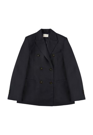 Marineblauwe dubbelgeknopte blazer met een gesneden revers, twee voorzakken en gouden knopen. Gemaakt van een soepele stof met een gestructureerde vorm.