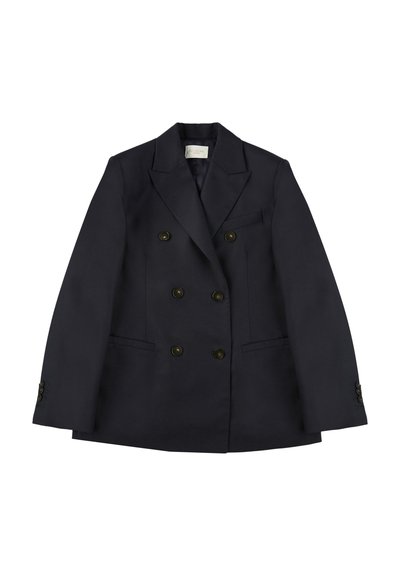 Blazer doppiopetto blu navy con rever a notched, due tasche frontali e bottoni dorati. Realizzato in tessuto liscio con una forma strutturata.