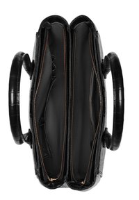 Schwarze Handtasche mit Krokodilprägung, zwei Innenfächern, goldenen Reißverschlüssen und strukturierten Griffen. Glatte Innenauskleidung.
