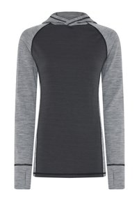 Langærmet hættetrøje med en mørkegrå krop og lysegrå raglanærmer. Har et struktureret stof og kontrasterende syninger.