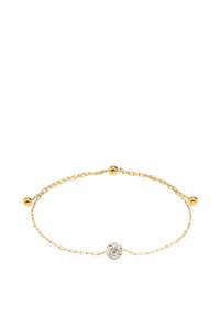 Złota bransoletka łańcuszkowa z okrągłymi akcentami i centralną kulą wysadzaną kryształami, prezentująca delikatny design z gładką teksturą.