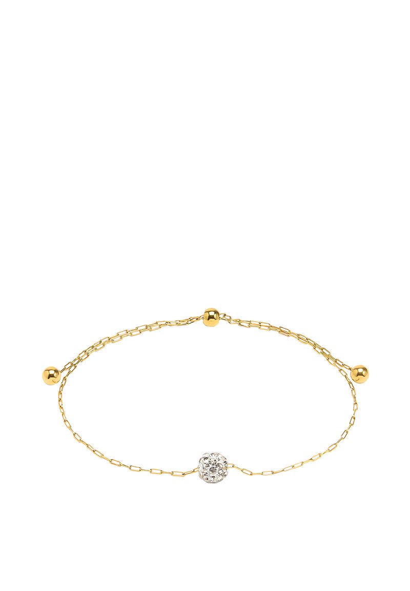 Złota bransoletka łańcuszkowa z okrągłymi akcentami i centralną kulą wysadzaną kryształami, prezentująca delikatny design z gładką teksturą.