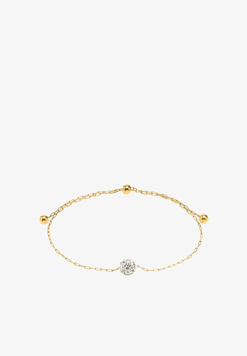 Złota bransoletka łańcuszkowa z okrągłymi akcentami i centralną kulą wysadzaną kryształami, prezentująca delikatny design z gładką teksturą.