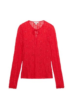 Rode lange mouwen kanten top met bloemmotieven en een keyhole halslijn met een striksluiting aan de voorkant.