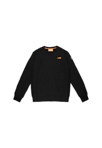 Felpa nera in misto cotone, presenta un colletto rotondo, maniche lunghe e un piccolo logo arancione sul petto e sulla manica.