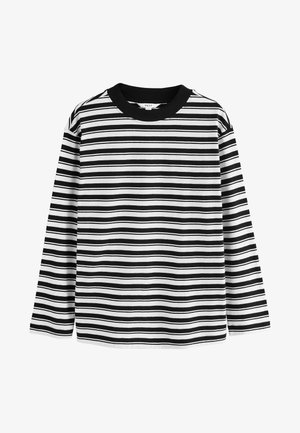 Czarna i biała poziomo paskowana bluzka z długim rękawem z czarnym ściągaczem przy okrągłym dekolcie.