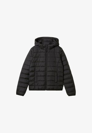 Giacca a vento nera con cappuccio, dotata di chiusura zip frontale, due tasche laterali e design trapuntato. Tessuto liscio, silhouette di lunghezza media.