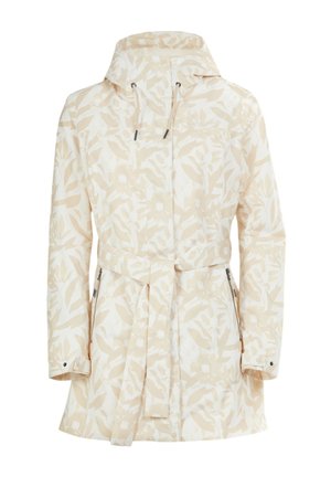 Hellbeige wasserfeste Jacke mit einem Blattmuster, Kapuze mit Kordelzug, taillierter Bund und seitlichen Reißverschlusstaschen. Weiche Textur, mittellanges Design.