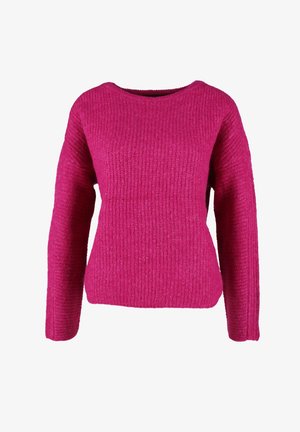 Fuchsia gestrickter Pullover mit rundem Halsausschnitt, gerippter Textur und langen Ärmeln. Weicher Stoff mit lockerer Passform, geeignet für legere Kleidung.