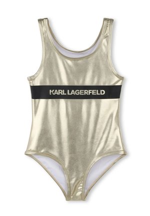 Maillot de bain une pièce doré métallique avec une bande noire portant le texte "KARL LAGERFELD". Texture lisse, design sportif et décolleté rond.