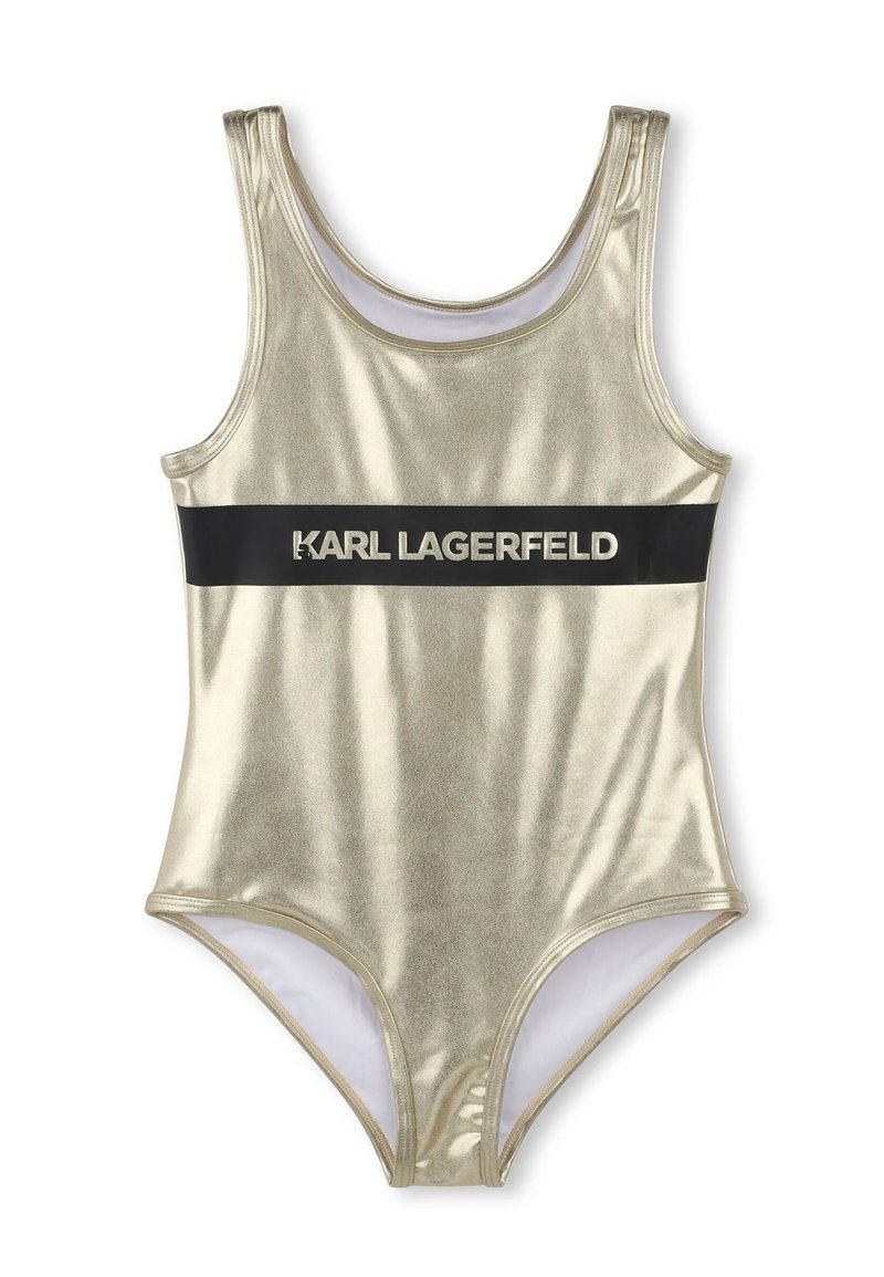 Costume da bagno intero in oro metallico con una fascia nera con il testo "KARL LAGERFELD". Texture liscia, design sportivo e scollatura rotonda.
