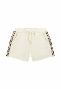 Shorts beiges avec taille élastique et cordon de serrage. Possède des poches latérales et un ruban logo contrastant noir et beige sur les côtés.