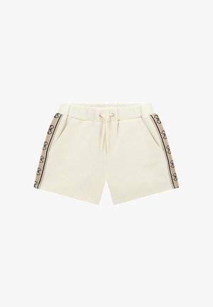 Shorts beiges avec taille élastique et cordon de serrage. Possède des poches latérales et un ruban logo contrastant noir et beige sur les côtés.