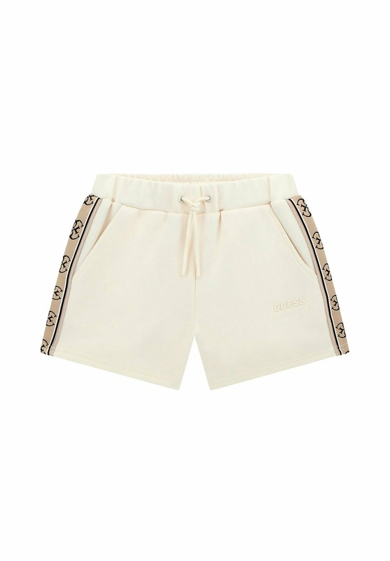 Shorts beiges avec taille élastique et cordon de serrage. Possède des poches latérales et un ruban logo contrastant noir et beige sur les côtés.
