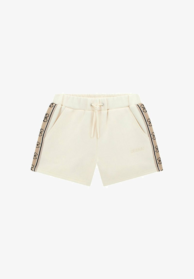 Shorts beiges avec taille élastique et cordon de serrage. Possède des poches latérales et un ruban logo contrastant noir et beige sur les côtés.
