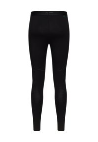 Black leggings made of stretchy material with a fitted design. Features a smooth texture and a waistband with a logo detail.
