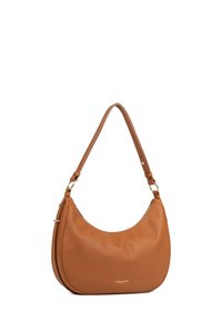 Sac à épaule en cuir marron, à la forme incurvée, avec une seule sangle réglable et des détails subtils en métal doré. Dispose d'une fermeture zippée.