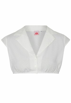 Witte cropped blouse met een kraag, korte mouwen, een knoopsluiting en een gestructureerd stippenpatroon.