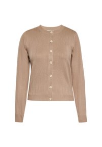 Beige gestrickte Strickjacke mit rundem Ausschnitt, Knopfverschluss und gerippter Textur. Sie verfügt über sechs Knopfverschlüsse und lange Ärmel.