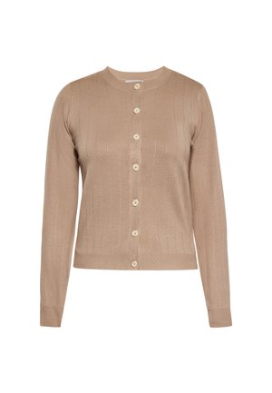 Beige neulecardigan, jossa on pyöreä pääntie, nappikiinnitys ja ribbikudonta. Sisältää kuusi nappia ja pitkät hihat.
