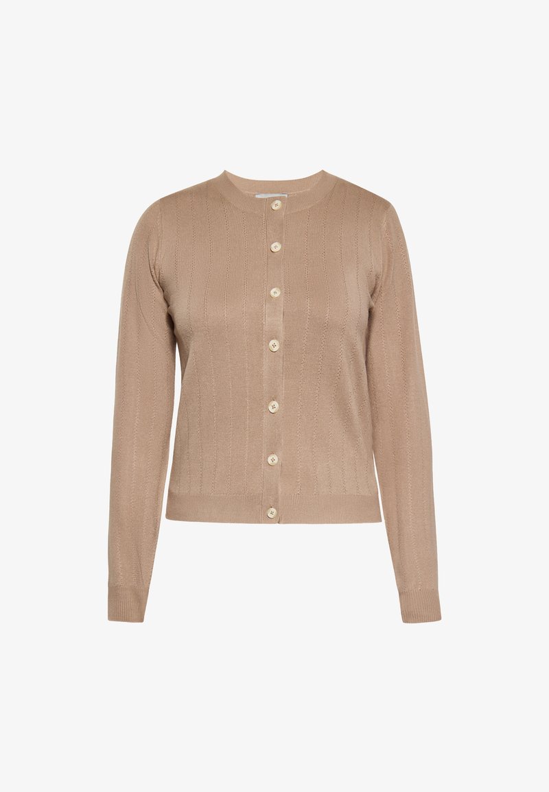 Beige kötött kardigán kerek nyakkal, gombos elülső résszel és bordázott textúrával. Hat gombos záródással és hosszú ujjakkal rendelkezik.