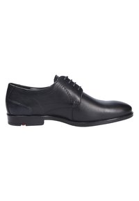 Schwarze Leder-Dressschuhe mit glatter Oberfläche, spitzer Zehenform, Schnürung mit fünf Ösen und einer schlanken Gummisohle mit dezenten Akzenten.