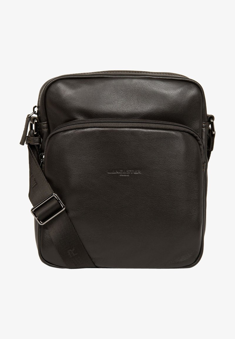 Borsa a messenger in pelle nera con una texture liscia, tasca anteriore con zip, tracolla regolabile e dettagli del logo del marchio in rilievo.