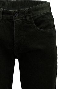 Pantalones de pana negra con corte recto, bolsillos frontales y cierre de botón metálico en la cintura. La textura es prominente y acanalada.