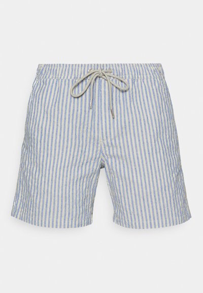 Svītrainie peldšorti gaiši zilos un bēšos toņos, ar vilkšanas jostu, kurai ir metāla gali un teksturēta auduma apdare.