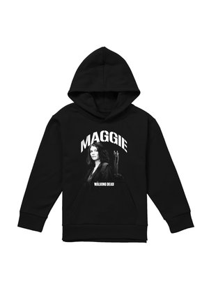 Schwarzer Hoodie mit einem Motiv einer Frau, die Pfeile trägt, darüber der Text "MAGGIE" und darunter "THE WALKING DEAD".