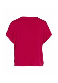 Top fucsia a maniche corte con una vestibilità rilassata, scollatura rotonda e tessuto jersey liscio. Design semplice senza accenti o motivi visibili.