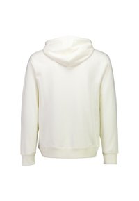 Witte hoodie met een gladde textuur, lange mouwen en een buidelzak, afgewerkt met geribbelde manchetten en zoom.