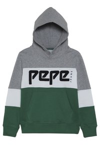Felpa con cappuccio con parte superiore grigia, sezione centrale bianca e parte inferiore verde. Presenta una tasca frontale e il logo "PEPE JEANS" in nero.