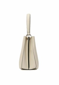 Borsa a tracolla in pelle beige con una forma strutturata, caratterizzata da cuciture nere. Presenta un manico superiore singolo e un accento in metallo circolare.