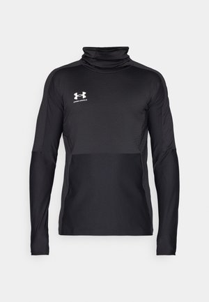 T-shirt atlético de manga longa preta com colar alto, tecido texturizado e secções mate contrastantes. Apresenta o logótipo da Under Armour em branco.