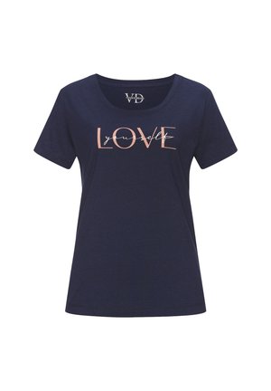 Marineblaue Baumwoll-T-Shirt mit rundem Halsausschnitt, kurzen Ärmeln und pinkem "LOVE yourself"-Aufdruck auf der Vorderseite.