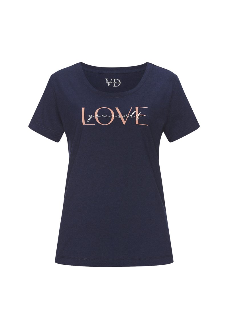 Námornícky modré bavlnené tričko s okrúhlym výstrihom, krátkymi rukávmi a ružovým nápisom 'MILUJ seba' potlačeným na prednej strane.