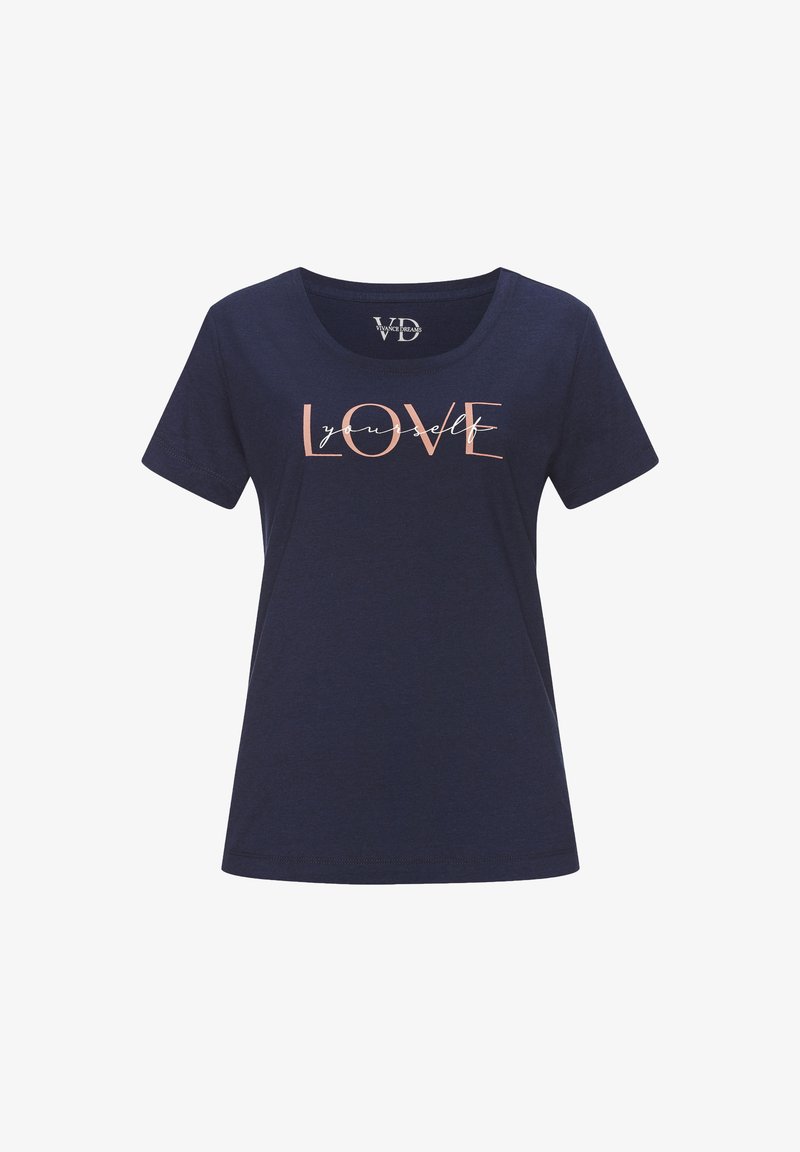 Námornícky modré bavlnené tričko s okrúhlym výstrihom, krátkymi rukávmi a ružovým nápisom 'MILUJ seba' potlačeným na prednej strane.