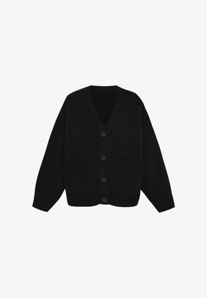 Black knitted cardigan with a V-neck, five-button closure, and two front pockets. Features wide sleeves and ribbed cuffs and hem.