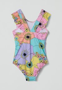 Kleurrijk zwemkostuum met bloemenprint in pastelkleuren van roze, blauw, geel en paars. Heeft geschulpte schouderbanden en een hoog uitgesneden been.