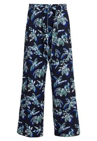 Vidbyxorna i marinblått tyg har ett tropiskt bladmönster i grönt och blått, med ett matchande knytbälte och sidofickor.