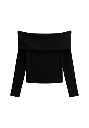 Schwarzes, schulterfreies Oberteil mit langen Ärmeln aus weichem Rippstoff, das einen weiten Ausschnitt und eine figurbetonte Silhouette bietet.